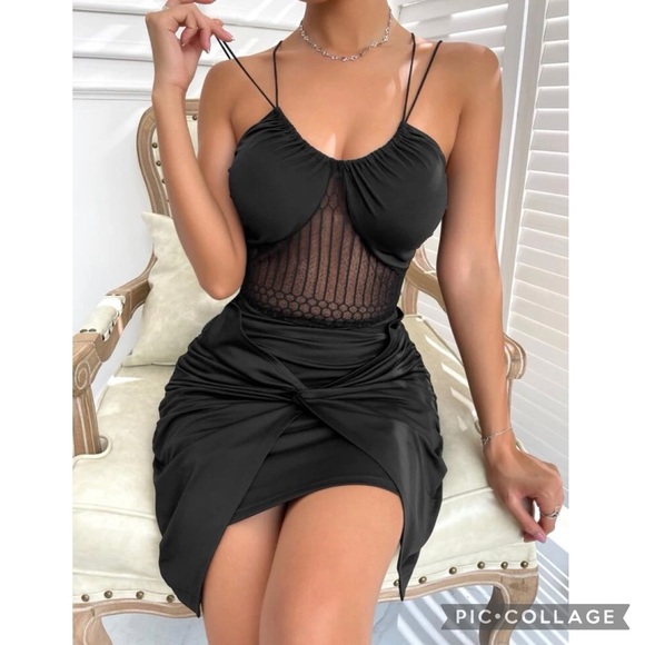 Black Evening Gala Party Criss Cross Sheer Dress Size Large - Picture 5 of 7